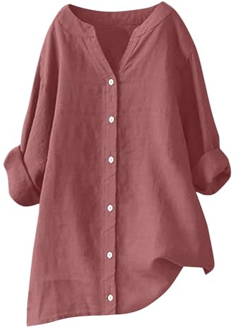 RLEHJN Chemise Lin Femme T Shirts En Coton Et Lin Col En V Bouton Tops Unie Léger Respirant Tee Shirt Casual Tunique Blouse Chemisier Femmes Manche Longue Chic Et Elegant Blouse Fluide Tunique