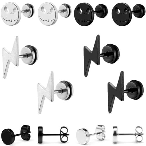 JEYORZY 6 Paar Ohrstecker für Herren Männer, Piercing Hypoallergen Ohrringe, Monster Ohrstecker Herren Damen, Gestüt Ohrringe Edelstahl, Ohrschmuck Rock Punk, Fake Plug Tunnel Piercing, Silber+Schwarz