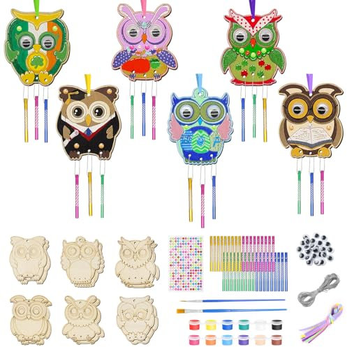 Forbabe Windspiel Bastelset Kinder 12 Stück, Eulen Deko Kindergeburtstag, Eulen Holz Klangspiel Basteln mit Hängendem Klangspiele zum Bemalen für Bastelideen Kindergeburtstag