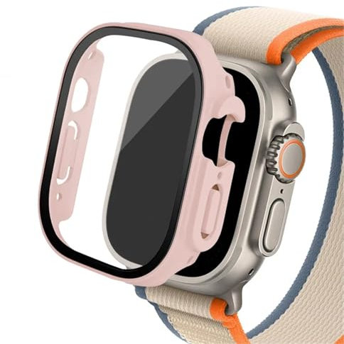 EZZON Boîtier en verre pour Apple Watch Ultra 2, 49mm, smar twatch PC, protecteur d'écran pare-chocs, couverture trempée, accessoires de bande série iwatch(Pink sand 09,Ultra 49mm)