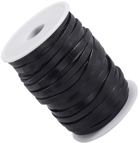 CALFOVERA 18.28M Genuine Leather Flat Cord String for Jewelry Making 5MM Black Real Leather Thin Strap Strip Lace Cording Rope Braiding Strip Thread for Crafting Necklace Bracelets Belts DIY Projects