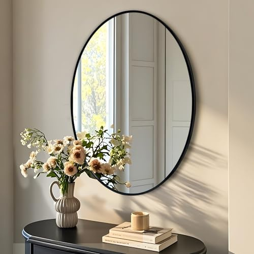 Artloge Oval Wandspiegel 60 x 80 cm Schwarz: Badspiegel mit Rahmen aus Aluminiumlegierung, Bruchsicherer Badezimmerspiegel für Badezimmer, Waschtisch, Wohnzimmer, Flur