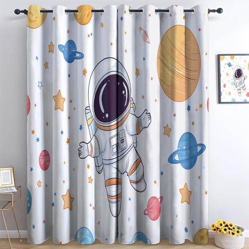 XCQHZYQ Vorhänge Blickdicht Cartoon-Weltraum-Astronaut Verdunklungsvorhänge, Blickdicht Gardinen mit Ösen Weiß Thermovorhang Wohnzimmer Schlafzimmer Kinderzimmer Dekoschal 2er Set, H 138 x B 117 cm