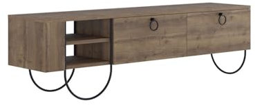 FWStyle Norfolk Dark Oak TV Stand – Modern TV Unit with Pull-Down Doors, Shelving, and Black Metal Frame – Living Room Media Storage Furniture