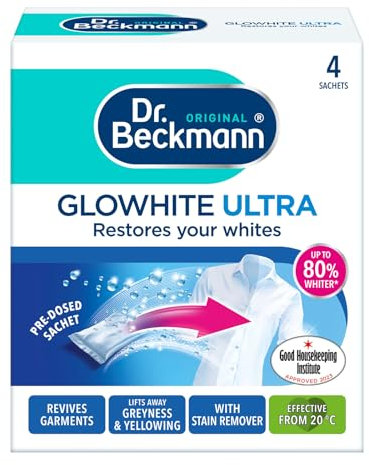 Dr Beckmann Glowhite Ultra Fabric Whitener 4 x 40g Sachets | Whitening Powder for Whites | Brightens Dull Grey Laundry | Works with Detergent | Machine Wash Fabric Brightener | Keeps Whites White