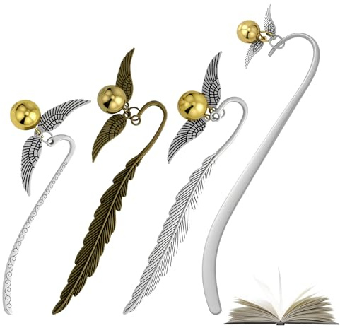 4 Stück Zauberfeder Lesezeichen, Harry,Metall, Goldener Schnatz Lesezeichen, Geschenke für Leseratten/Damen/Teenager/Mädchen (Silber+Gold)
