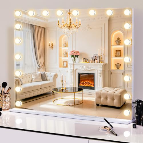 FENCHILIN Hollywood Spiegel mit 20 LED Lampen USB Ladeanschluss 95x76cm | Großer Schminkspiegel mit Beleuchtung 3 dimmbar Lichtfarben 10x Vergrößerung Gehärtetes Glas für Schminktisch Schlafzimmer
