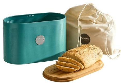 Cooks Professional Ribbed Bread Bin with Linen Bag & 2-in-1 Bamboo Cutting Board Lid | Modern, Stylish & Breathable Countertop Food Storage Canister for Loaves, Rolls, Pastries | Teal & Silver