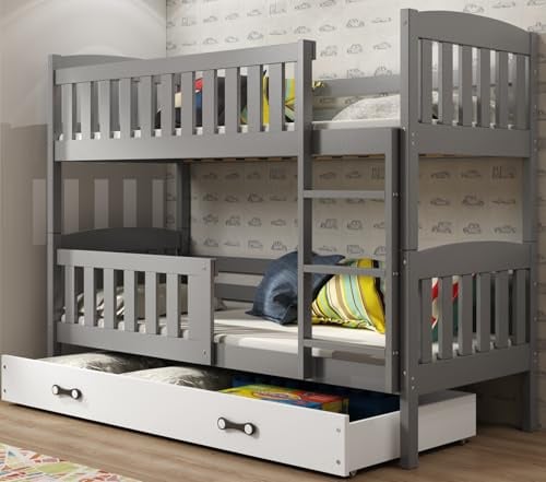 Interbeds Etagenbett 190x90 cm Hochbett Stockbett Holzbett mit Schublade Kiefernholz Kinderbett Jugenbett mit Lattenrost und Rausfallschutz (grau, 190x90)