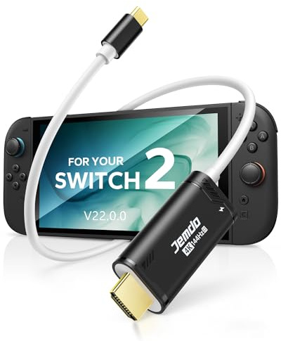 JEMDO Switch 2 Dock HDMI Adapter V22.0.0 Upgrade, 4K 144Hz USB-C 3.2 to HDMI 2.1 Cable, 48Gbps, 100W PD Play-While-Charging, Black Travel-Friendly Portable TV Adapter for Switch 2/OLED/2017