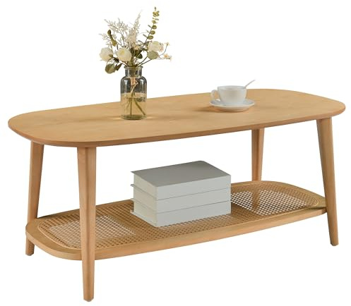 PADMA HOUSE Couchtisch mit Rattan Regal Wohnzimmertisch Kleiner Kaffeetisch mit Stauraum Beistelltisch aus Holz moderner Table Basse für Wohnzimmer Schlafzimmer (Couchtisch)