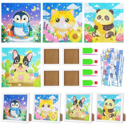 Kaxulvoblig Diamond Painting Tiere,4 Stücke Diamond Painting Kinder Diamond Painting Bilder Steckperlen für Aufkleber Geburtstagsgeschenk
