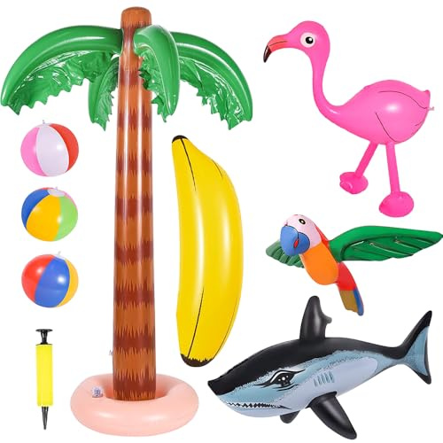 mizikuu Pack of 9 Inflatable Palm Trees, Coconut Tree Set Inflatable Palm Trees Flamingos Parrot Banana Beach Balls Toy for Swimming Pool, Hawaii Decoration, Theme Party