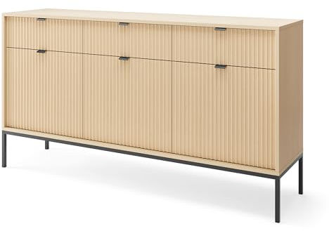 Masseno Kommode STELLARE 154 cm Sideboard mit 3 Schubladen und 3 Türen für Wohnzimmer Schlafzimmer Modern 154x39x83 cm Eichefarben/Naturfarben