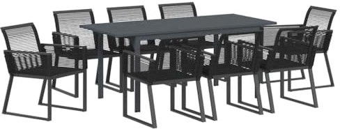 Keeushr Garten Essgruppe 9-teilig Schwarz Poly-Rattan, Gartenmöbel Set mit ausziehbarem Tisch und 8 Stühlen für Terrasse, pulverbeschichteter Stahlrahmen, modernes Design