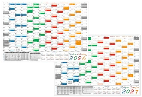 Rainbow Wandkalender/Wandplaner 2026 + 2027 (gerollt) Classic1 DIN A0 Format (841 x 1189 mm) 14 Monate, komplette Jahresvorschau Monatskalender Monatsterminkalender
