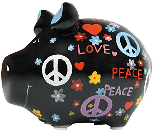 KCG Sparschwein Peace Love Keramik Spardose mit Gummiverschluss kleines Schwein mit Herzen, Blumen, Peace Zeichen 12,5 x 9 x 9 cm