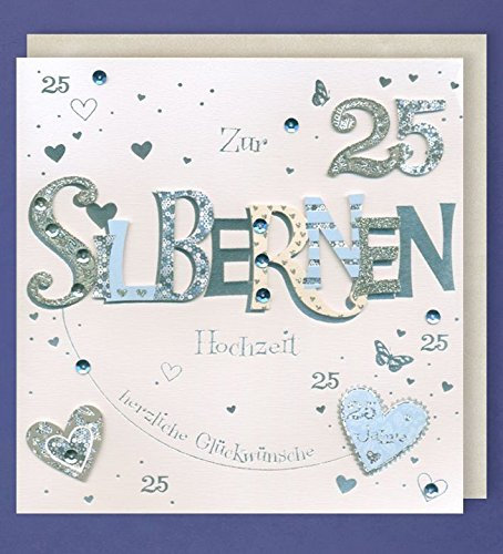 Silberhochzeit Grußkarte 25 Handmade Applikation Zwei Silber Herzen 21x21cm