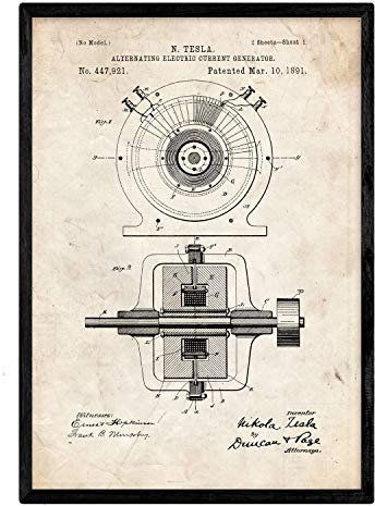 Nacnic Poster Patent-Wechselstromgenerator. Blatt mit altem Design-Patent in der Größe A3 und Vintage-Hintergrund