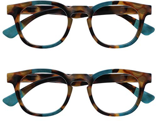 OPULIZE Ava Reading Glasses 2 Pack Flattering Rounded Frame Spring Hinges Scratch Resistant Brown Tortoiseshelll Turquoise Mens Womens RR62-Q +1.50