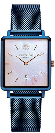 Kistanio Carre Damenuhr mit Milanaiseband Datum Edelstahl Blau Perlmutt Saphirglas BL-PM-M