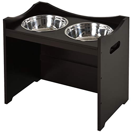 PawHut Gamelles Chiens surélevées gamelle Double Chien Chat Porte-gamelles surélevé dim. 54L x 31l x 47H cm 2 gamelles 2L Acier INOX. incluses Bois Brun foncé