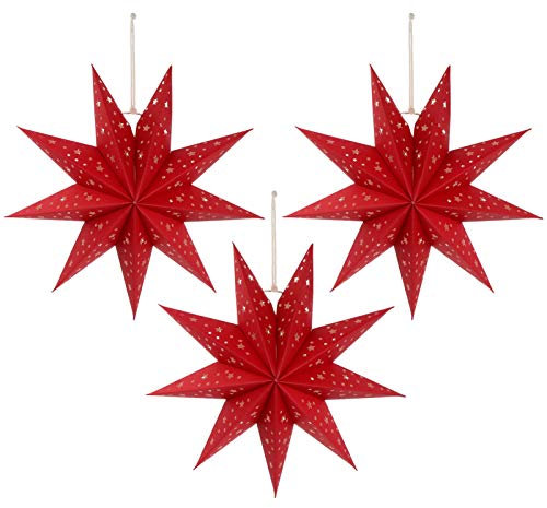 Minkissy 3pcs Red Paper Star Lantern Lampshade Decoration 3D Paper Star Pentagram Lampshade Foldable Lamp Shade for Xmas Wedding Party Home Hanging Decorations 35cm