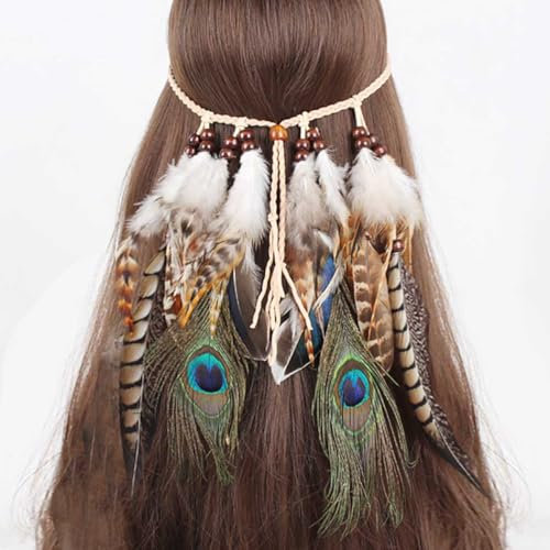 Fashband Pfauenfeder-Stirnband, Boho-Hippie-Kopfschmuck, Retrostil, Tribal-Kopfschmuck im Stil der amerikanischen Ureinwohner, Festival, Party, Haarschmuck für Damen und Mädchen