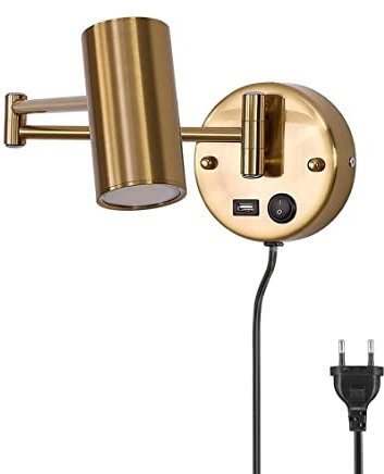 WRMING LED Leselampe Wandleuchte mit Schalter und Stecker für Steckdose Gold Faltbar E27 Wandlampe mit usb Ladefunktion Schlafzimmer Nachttischlampe mit Schwenkarm,150cm Kabel,Warmweiß,560lm,7W