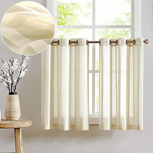 TOPICK Voile Scheibengardinen mit Ösen Transparent Bistrogardine Landhaus Streifen Küchenvorhang Gestreift Küchengardinen Paarig für Badezimmer Klein Fenster Dekor 90x90cm(BxH) Beige 2er Set
