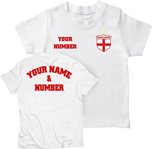 Kids Personalised Football Jersey England | Your Name and Number | English Flag Badge | Custom T-Shirt | Championship Fans (3-4 Years White Multi Color)