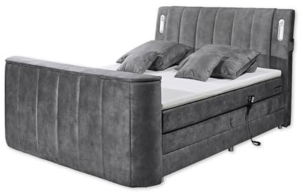 DALLAS 6 Boxspringbett 180x200 elektrisch verstellbar, Anthrazit - Bequemes Doppelbett mit motorisierter TV-Halterung & LED-Beleuchtung - 186 x 126 x 244 cm (B/H/T)