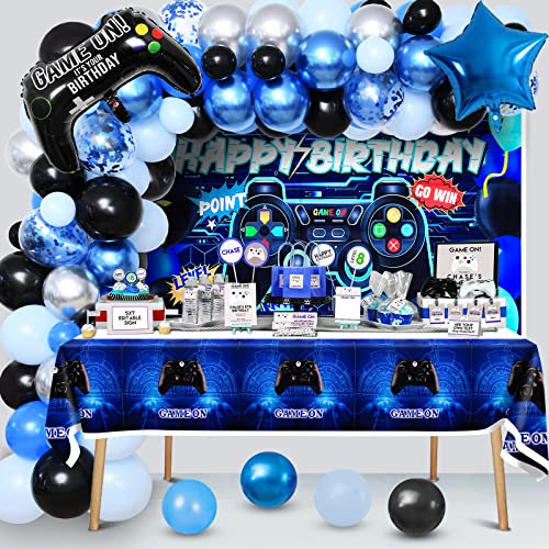 Vamei Gamer Deko Geburtstag Junge Videospiel Geburtstagsdeko Luftballons Geburtstag mit Tischdecke Happy Birthday Hintergrund Banner Schwarz Blau Ballons Videospiel Party Deko für Kinder Jungen