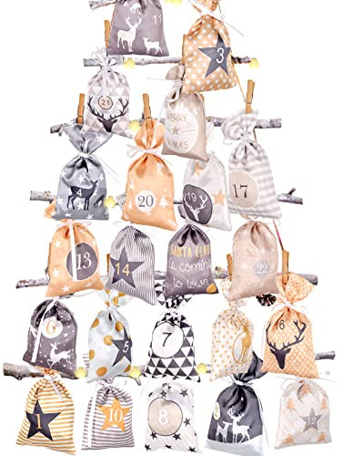 Adventskalender zum Befüllen Groß (12x21cm), 24 Stoffbeutel Kette zum selber Basteln und Aufhängen 2024 Weihnachtskalender zum selberfüllen mit Gelb Grau Stoff Säckchen für Kinder junge männer Mädchen