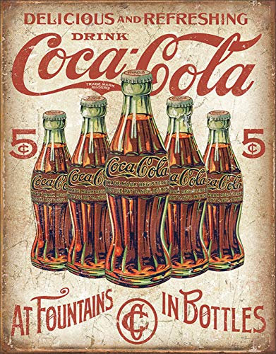 Desperate Enterprises Coca-Cola 5 Bottles Retro Tin Sign - Nostalgic Vintage Metal Wall Decor - Made in USA