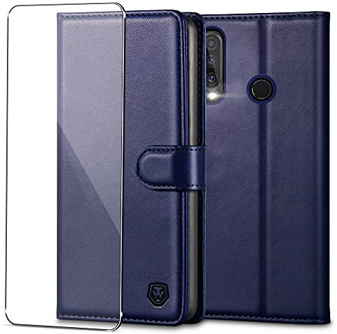 Handyhülle für Huawei P30 Lite Hülle mit Panzerglas Schutzfolie PU Leder Klapphülle Brieftasche Kartenfach Ständer Magnet Handytasche Schutzhülle für Huawei P30 Lite/ P30 Lite New Edition - Blau