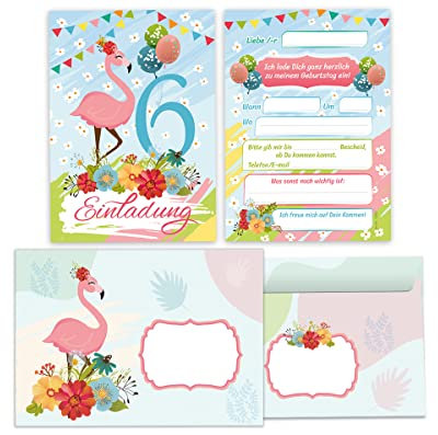 Junapack 12 Einladungskarten incl. 12 Umschläge 6. Kindergeburtstag sechste Geburtstag Mädchen Flamingo