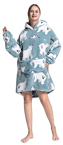 Decke Mit äRmel Hoodie Decke,Kuscheldecke Mit äRmeln,Oversized Weiche Sherpa TV Decke FüR Erwachsene MäNner Frauen Den Winter Warme 90cm (02-Blau Weiß Bär, Erwachsene-90cm)