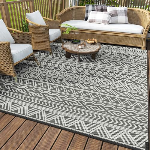 MontVoo Outdoor Rug Carpet Waterproof 9x18 Outdoor Patio Rug Mat Reverisble Plastic Straw Outdoor Rug for RV Camping Picnic Beach Balcony Boho Grey Large