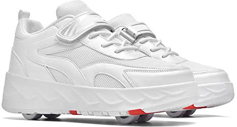 ZEDDG Schuhe mit Rollen 2 in 1 Multifunktionale 4 Rad Rollschuhe für Jungen Mädchen Und Kinder Skateboardschuhe Turnschuhe,White-43