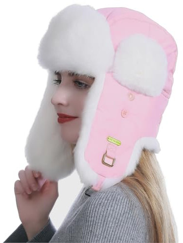 HEYANN Ushanka Damen Fliegermütze, Kaninchenfell Fuzzy Rosa Winter Trapper Hut Mütze mit Ohrenklappen Wintermütze Warme Russenmütze mit Ohrenklappen für Männer Frauen (S/M, Rosa)