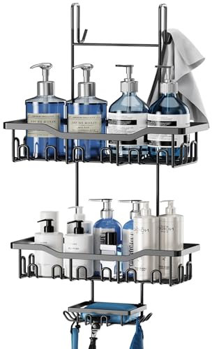 ZUIMENG Duschablage zum Hängen, Duschablage ohne Bohren Duschregal, Badregal Duschkorb Hängend, Shampoo Halterung Dusche Hängeregal für Glastür Duschwand mit Seifenschale und Haken (Schwarz)