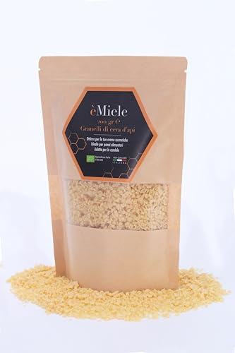 èMiele - 200 gr di granelli di pura cera d'api, biologica, italiana, ideale per cosmetici, panni di cera alimentari e candele