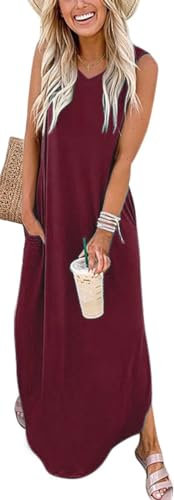 WNEEDU Damen Sommer Kleid Ärmellos Maxi Sommerkleid Strandkleider Lang Leichte Freizeitkleid V Ausschnitt mit Taschen,Weinrot L