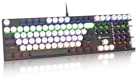 LexonElec Wird Mechanische Gaming-Tastatur, volle Größe, 108 Tasten, Anti-Ghosting, Punk-USB-Tastatur mit runder Schreibmaschine, Retro-Schwarz/Weiß, roter Schalter, 18 RGB-Regenbogen-Beleuchtung für