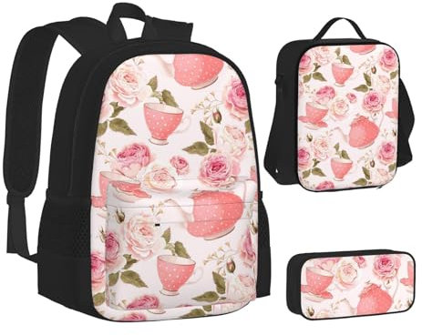 WURTON Juego de 3 en 1 mochila con estampado de bicicleta para adolescentes (estuche + mochila escolar + bolsa de almuerzo), Tazas de té con rosas románticas desgastadas, talla única