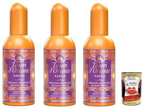 Italian Gourmet Karma Profumo 3 x 100ml Duft Nashi-Blume Zedernholz Aroma | Nota floreale e legnosa; warme Essenz für corpo e ambiente, pratico, Gesamtnettogewicht 300 ml + Kostenlos Polpa 400g