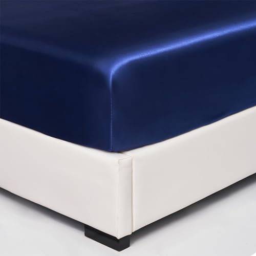 Wotcsil Satin Spannbettlaken 140x200cm Blau für Matratze Boxspringbett Topper bis 30 cm Satin Seide Spannbetttuch Bettlaken Elastisch Deluxe Unifarben Spannbetttuch Polyester-Satin