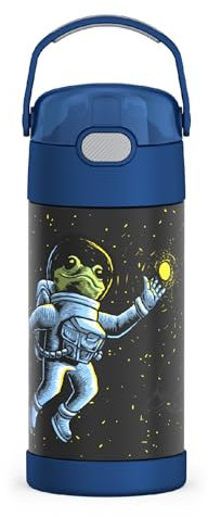 THERMOS FUNTAINER Bouteille d'eau avec paille 355 ml Grenouille spatiale Bouteille d'eau isotherme en acier inoxydable pour enfants avec couvercle