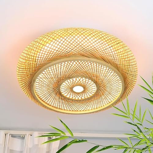 MEHOOSPVN Deckenlampe Holz Vintage Bambus Laterne Deckenleuchte Retro Runde Deckenlich Handgewebte Rattan Lampenschirm Lampe Restaurant Wohnzimmer Schlafzimmer Büro Dekorative Beleuchtung E27, 50cm